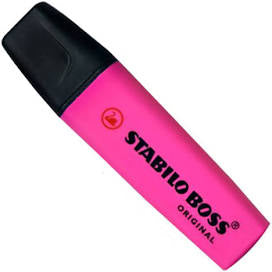 Hot pink highlighter with black cap. Black text reads "stabilo boss original" 