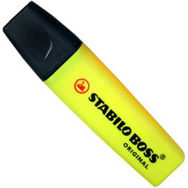 Yellow highlighter with black cap. Black text reads "stabilo boss original" 