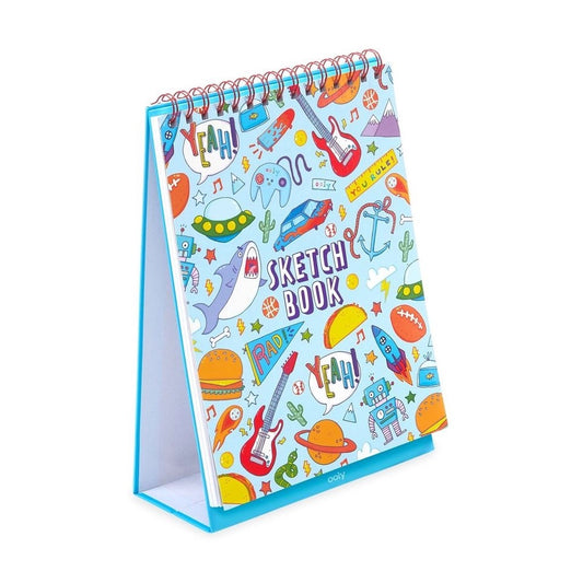 Blue sketchbook cover with various colorful illustrations
