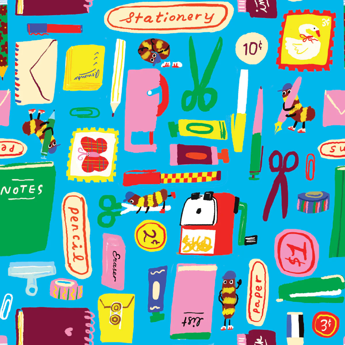 Colorful pattern of stationery items on a blue background