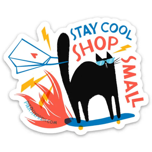 Sticker with a black cat in sunglasses. Text: stay cool/ shop small