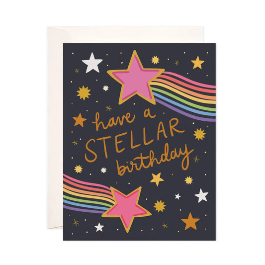 Greeting card with stars and rainbow design. Gold text: have a stellar birthday 