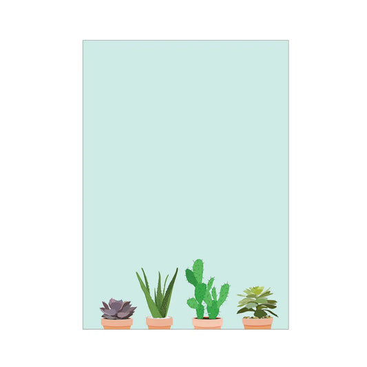 Blue notepad with four succulent illustrations on the bottom 