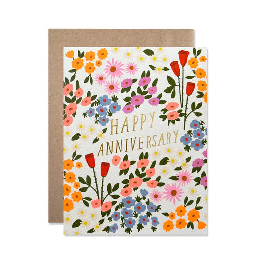 Greeting card with floral design and 'Happy Anniversary' text on a white background
