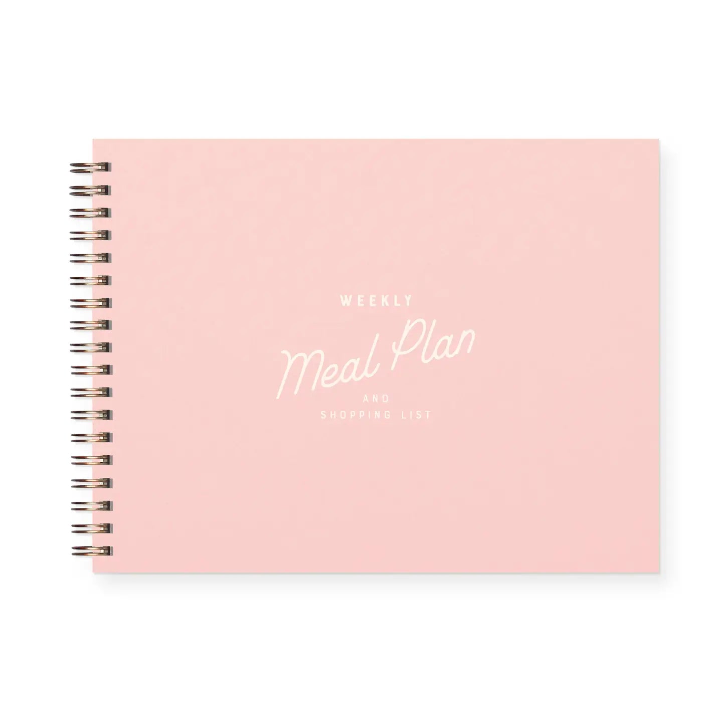 Pink meal planning notebook with 'Weekly Meal Plan' text on a white background