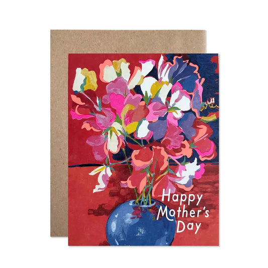 Greeting card with colorful floral design and 'Happy Mother's Day' text on a red background.