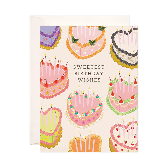 Greeting card with birthday cake illustrations and 'Sweetest Birthday Wishes' text