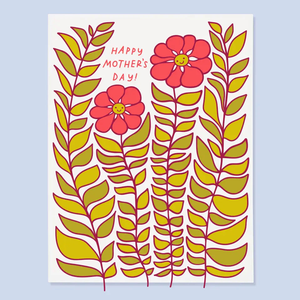Greeting card with red flowers and green leaves, featuring 'Happy Mother's Day!' text.