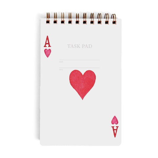 Top spiral white notebook with red ace card design. 