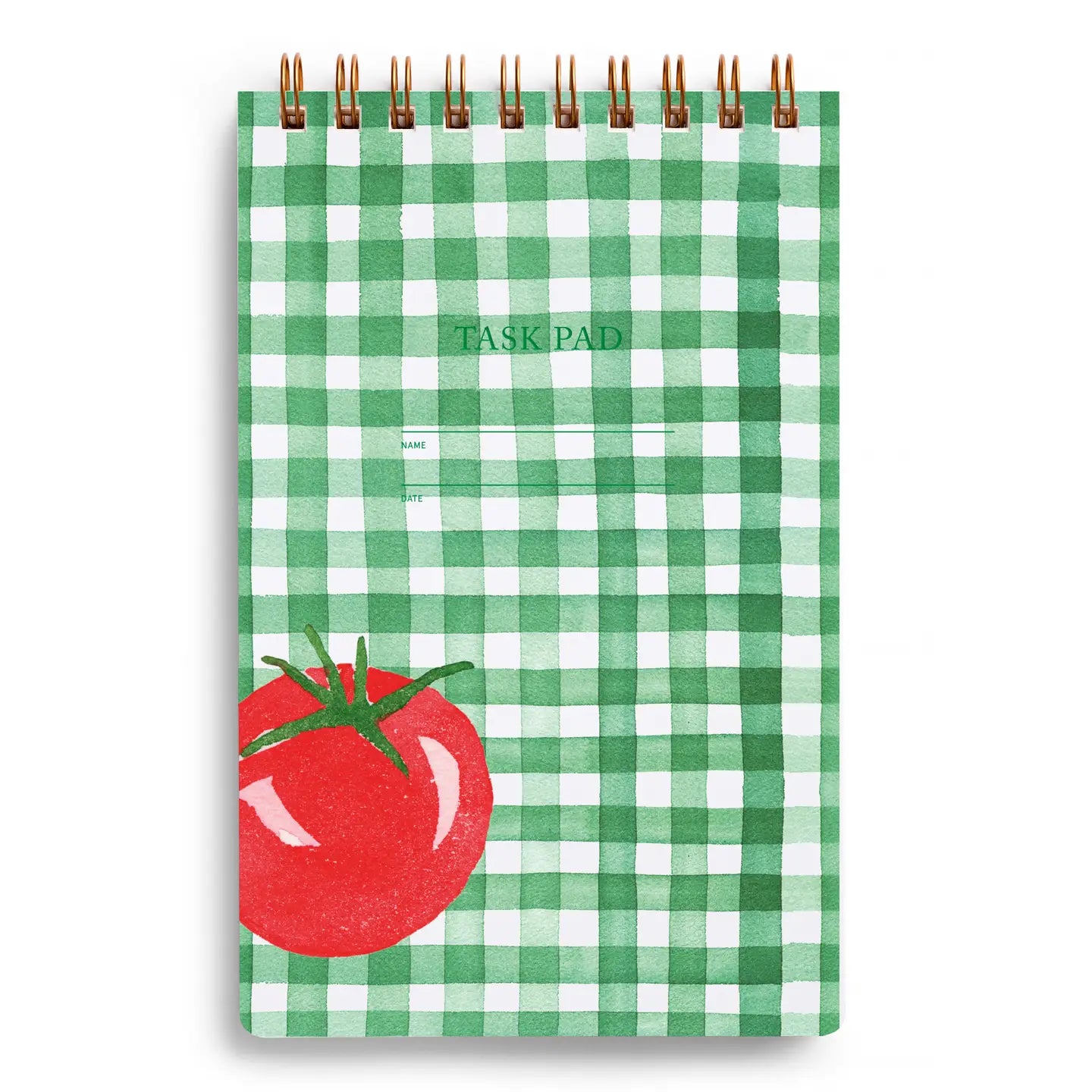 Green and white checkered task pad with a tomato illustration on a white background
