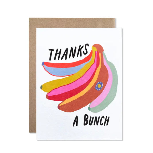 White card with bright multicolor banana illustration. "Thanks a bunch" in black text