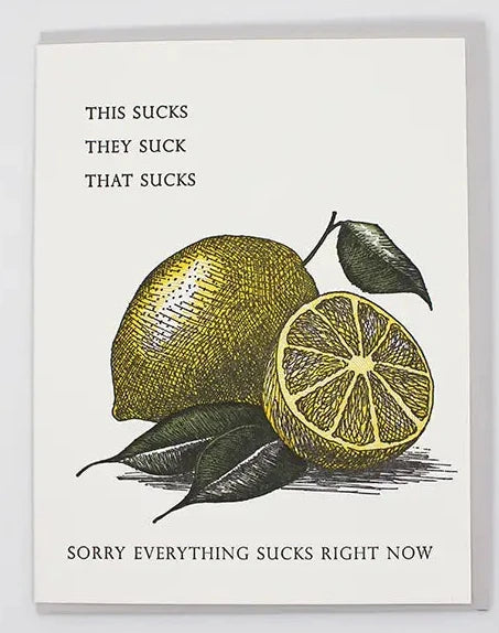 White greeting card with lemon illustration and black text