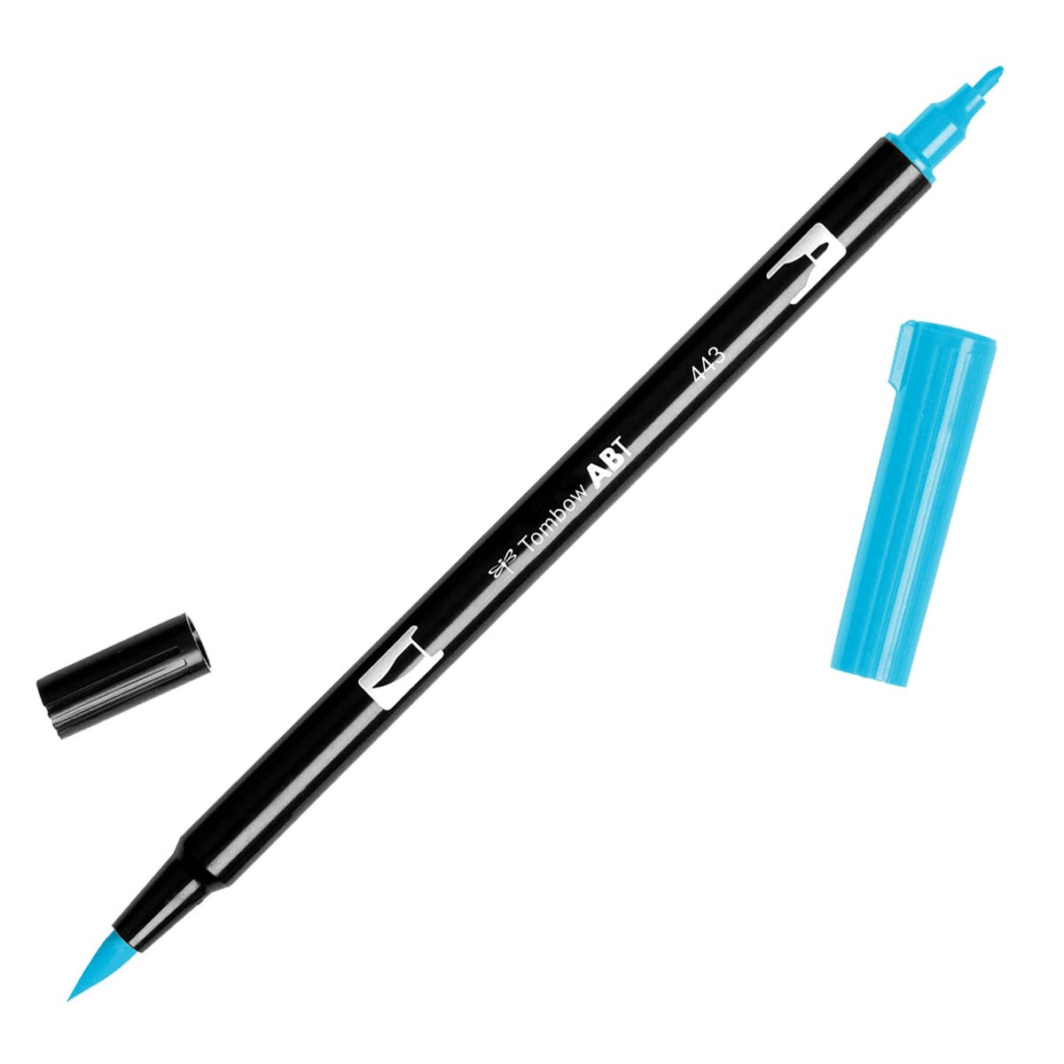 Black pen barrel with dual blue tips and a blue and black cap. 