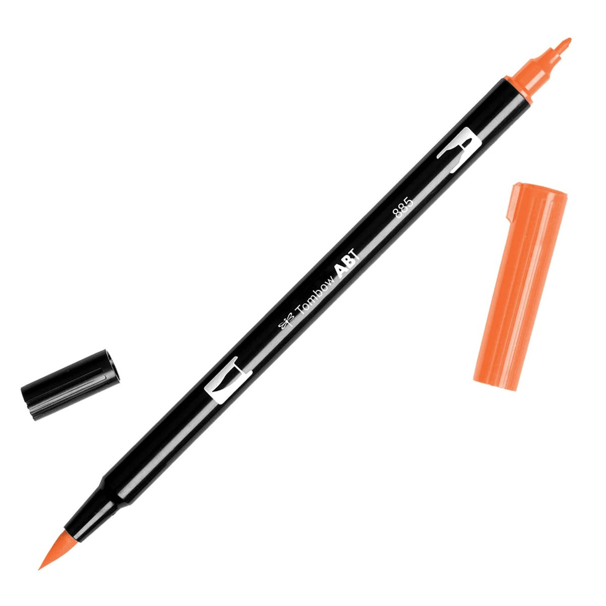 Black pen barrel with dual orange tips and an orange and black cap. 