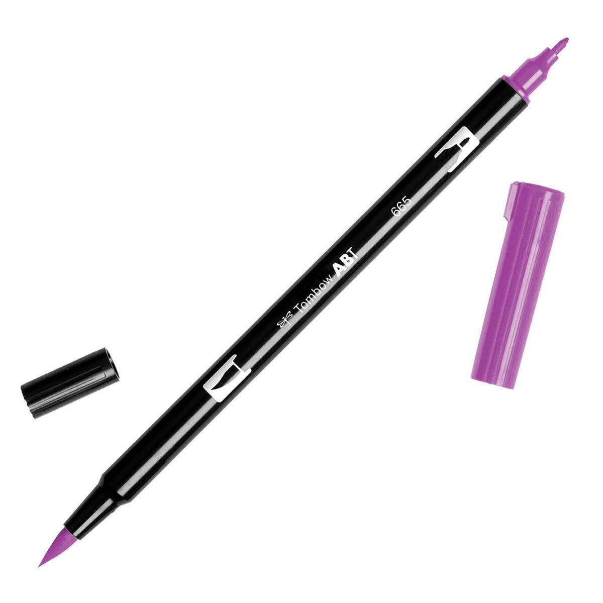 Black pen barrel with dual purple tips and a purple and black cap. 