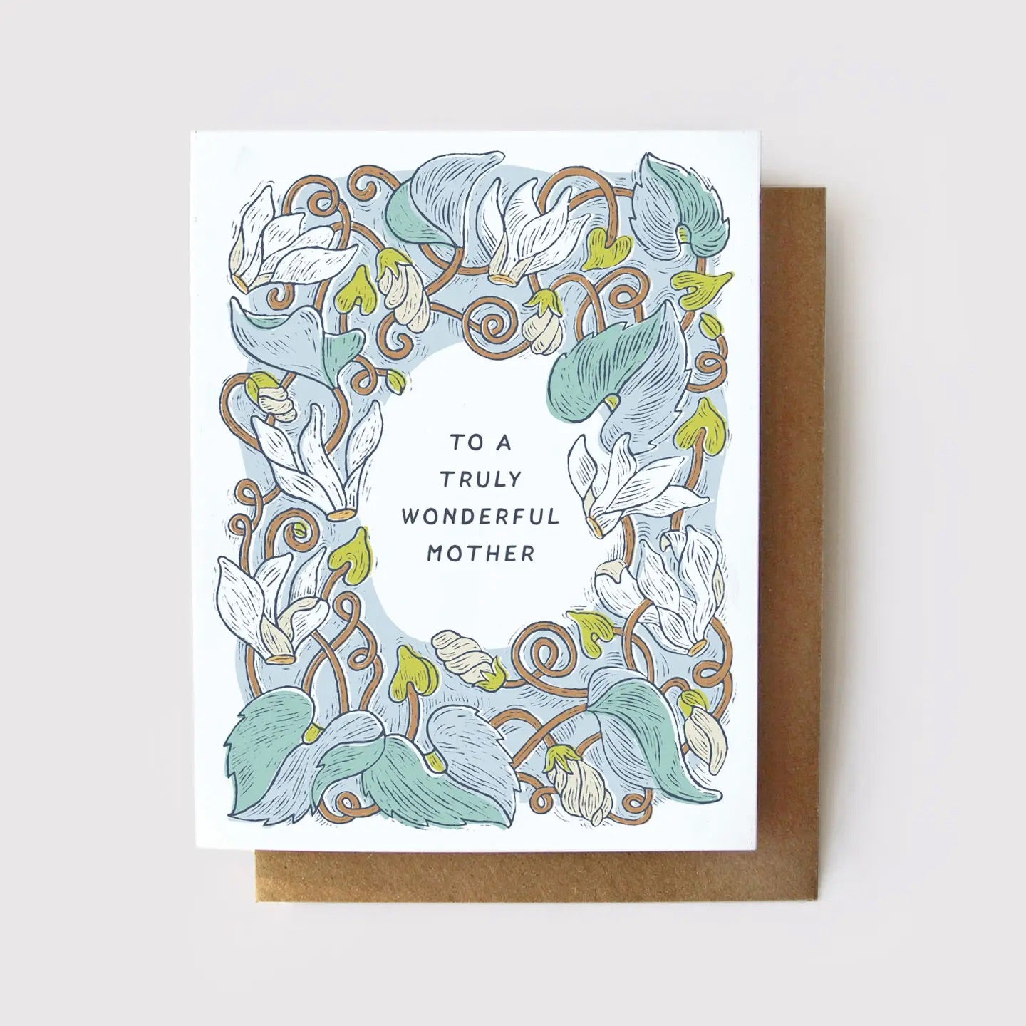 White card with blue, green, white floral pattern. Black text reads "to a truly wonderful mother" 