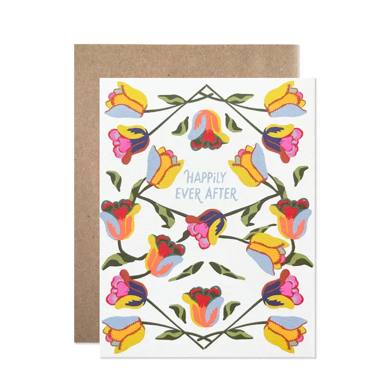 Greeting card with colorful tulip design and 'Happily Ever After' text, brown envelope.