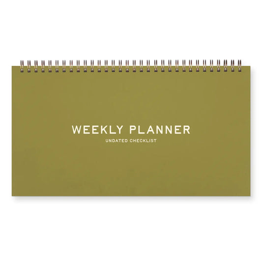 Green weekly planner with 'Weekly Planner' text on a white background