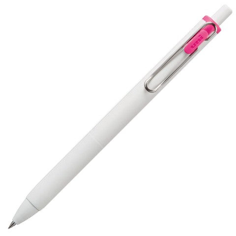 White pen barrel with silver clip. Pink detail near retractable cap. 