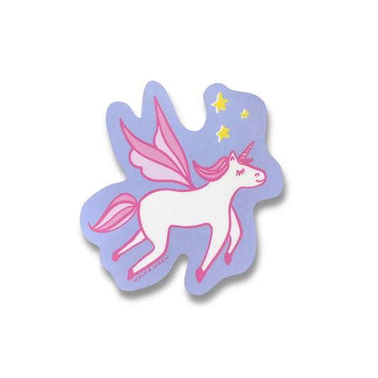 Unicorn sticker with pink wings on a light purple background