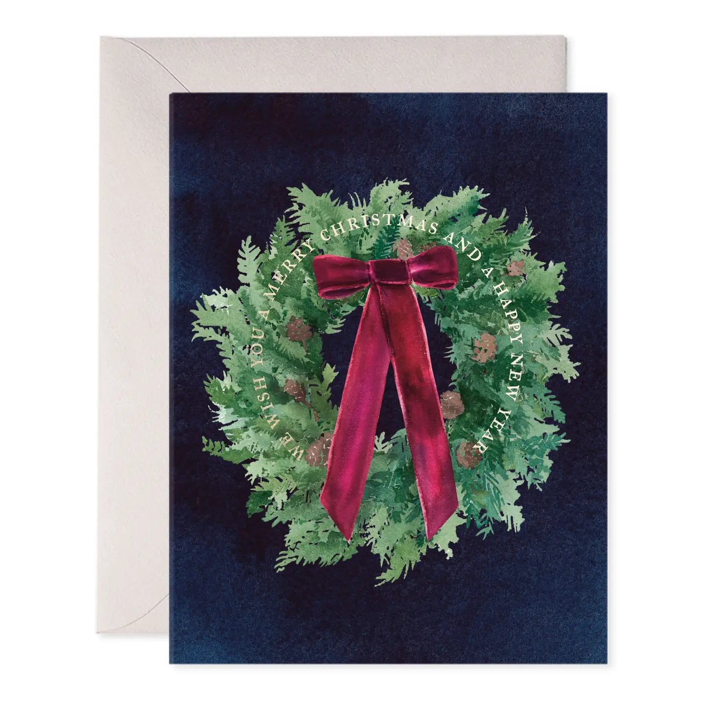 Christmas card with a wreath and red ribbon on a dark blue background
