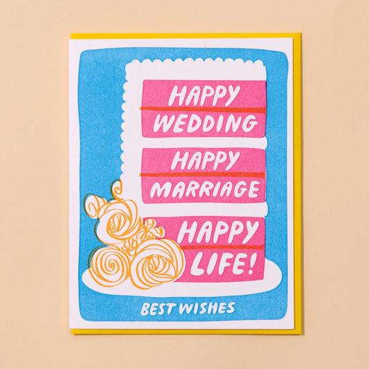 Greeting card with 'Happy Wedding, Happy Marriage, Happy Life!' text on a blue background