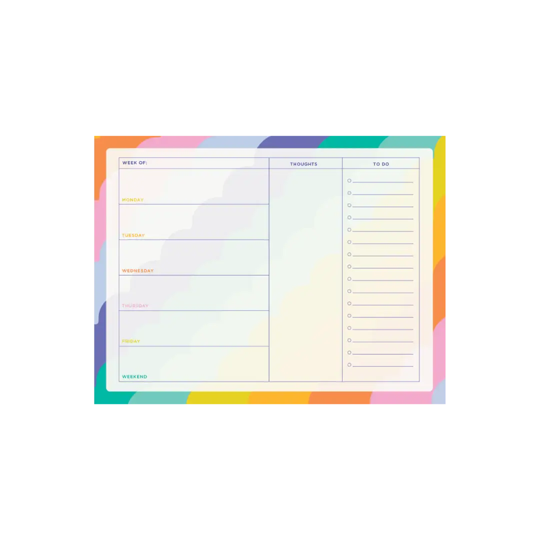 Note pad featuring days of the week, to-do lines, and priorities. Border is rainbow pattern