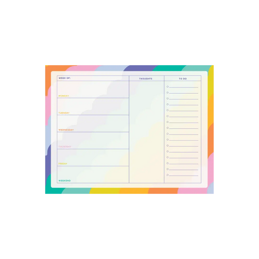 Note pad featuring days of the week, to-do lines, and priorities. Border is rainbow pattern