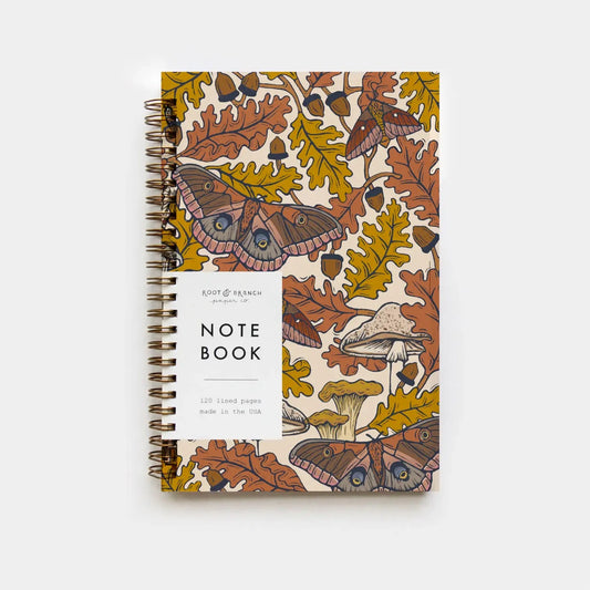 Front cover of a spiral-bound notebook. Illustrations of white oak leaves and moths. 