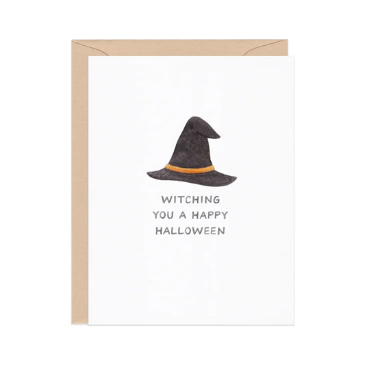 White card with an illustration of a witch hat. "Witching you a Happy Halloween" in black text. 