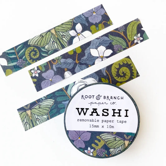Front cover of Washi tape roll. Three pieces of tape with purple and green woodland pattern. 