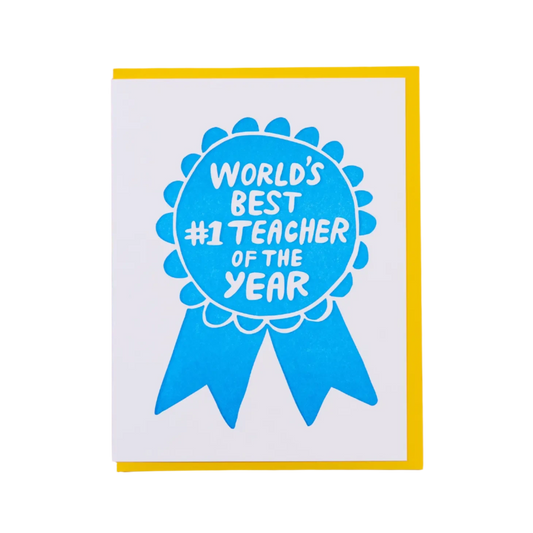 White card with blue ribbon illustration. White text in the ribbon reads "World's best #1 teacher of the year" 