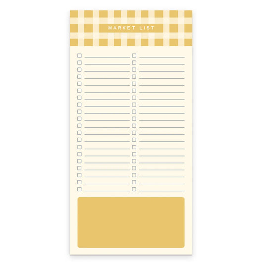 Yellow and white notepad with checkboxes and lines.