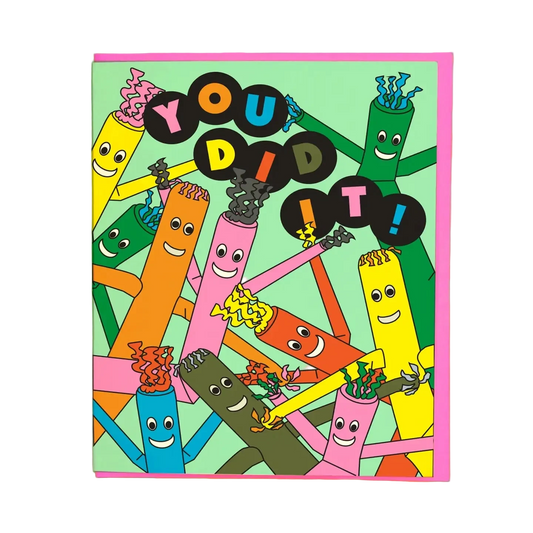 Greeting card featuring colorful illustrations of air dancers and text: you did it! 