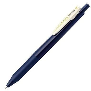 Retractable black pen with a dark blue barrel and cream-colored clip. 