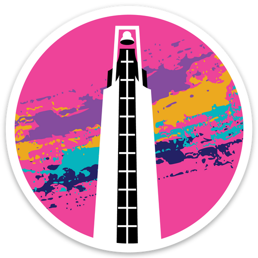 Circle-shaped magnet. Pink background with a black and white drawing of a bell tower. Turqouise, navy, mustard, and purple splotches behind the bell tower.