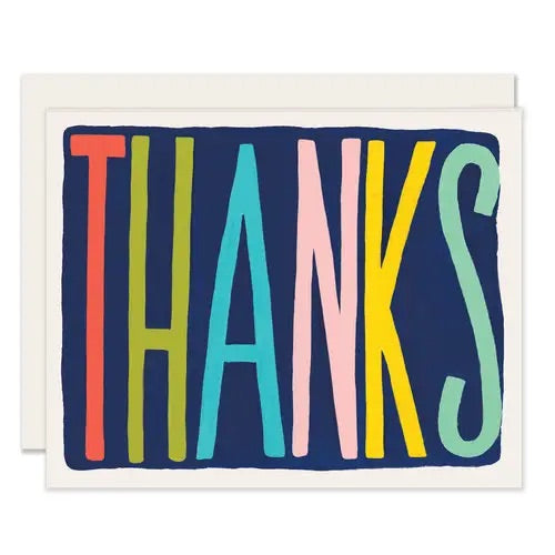 Dark blue card with colorful "thanks" text