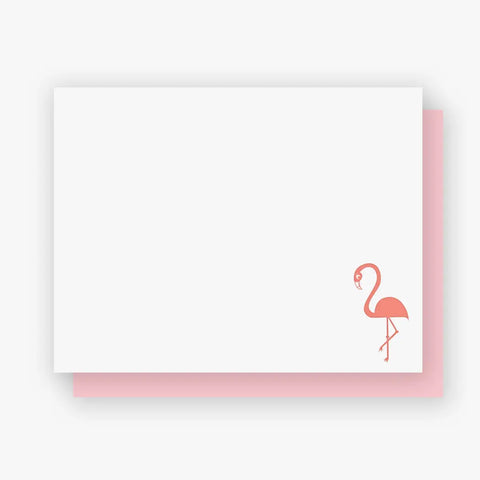 White card with pink flamingo in the lower right-hand corner