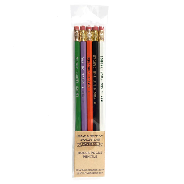 Five pencils in the following colors: green, purple, orange, black, and white. Pencils are imprinted with quotes from Hocus Pocus