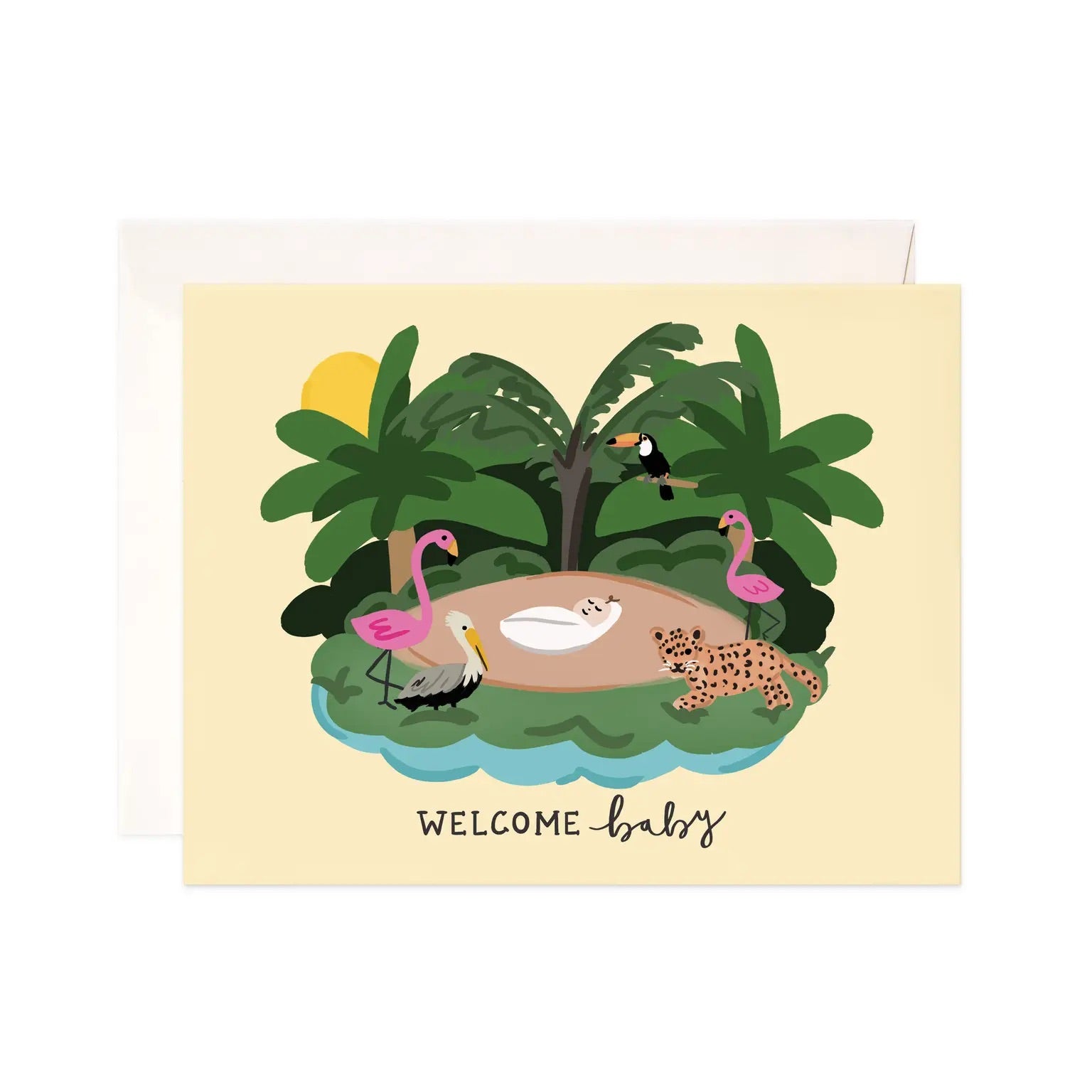 White card with a cream background. Jungle illustration with flamingos, birds, and a leopard visiting a baby. Black text says "welcome baby"