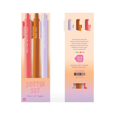 Front and back view of pens in packaging. Pens are the following colors: pink, brown, and lavendar