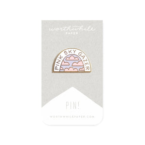 Pin with purple sky and pink clouds. Gold text reading "pink sky gazer"