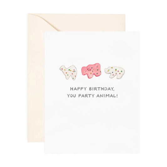 White card with white and pink animal crackers. Black text reads "happy birthday, you party animal!"