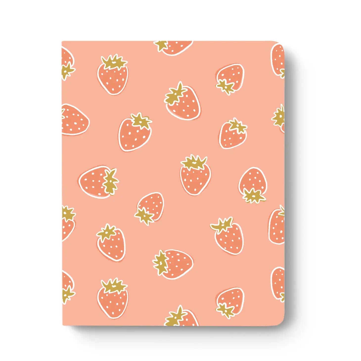 Cover of a pink notebook with dark pink strawberry pattern