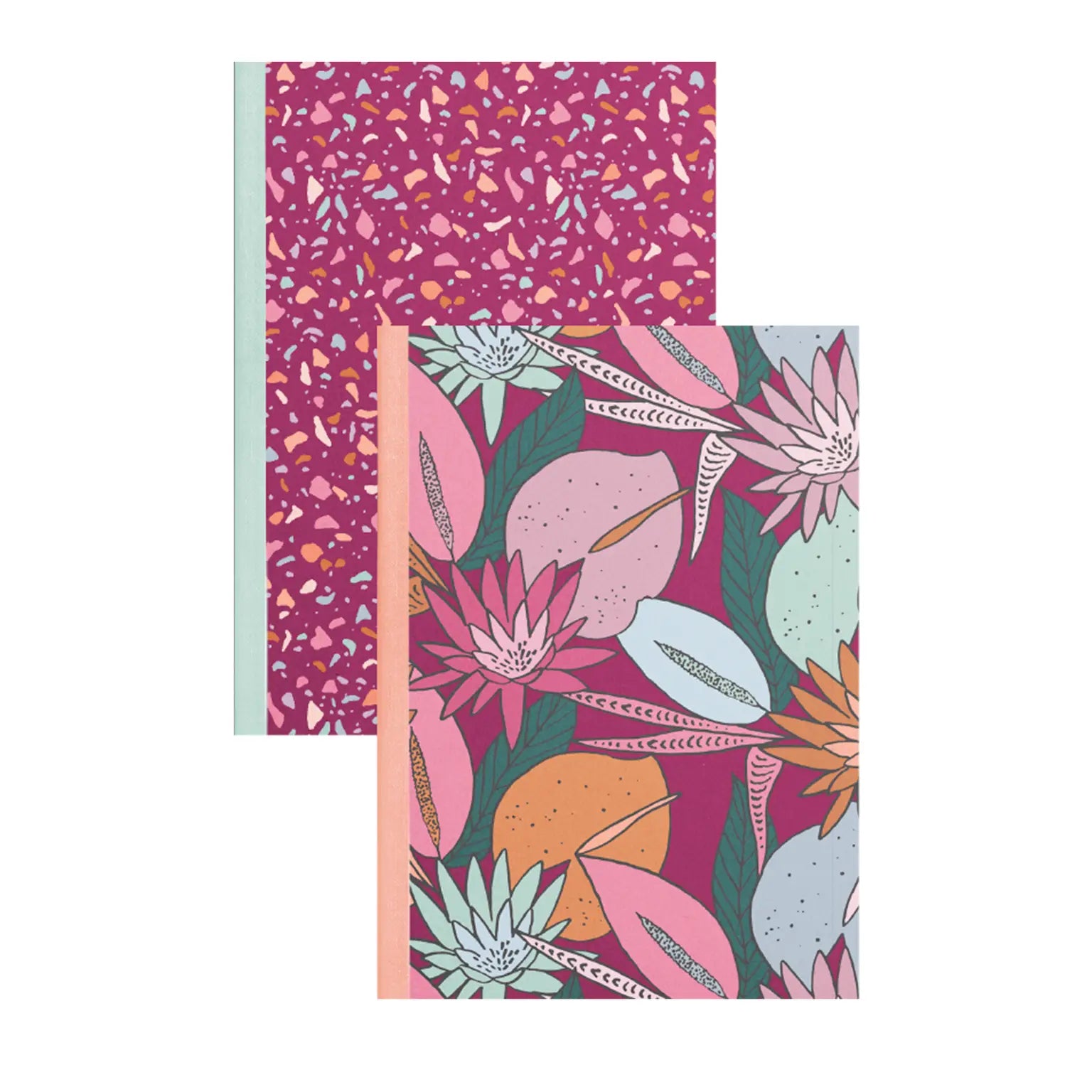 Two notebook covers. One is purple with blue, pink, and orange terrazzo pattern. The other notebook has a purple background with blue pink, and orange flowers and leaves
