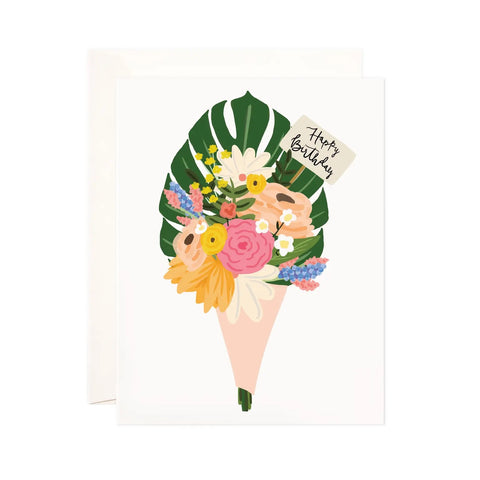 White card with an illustration of a green, pink, orange, white, and blue flower bouquet. A sign sticks out of the bouquet with black text reading "happy birthday"
