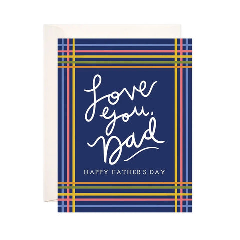 White card with navy background and blue, red, yellow, green, and orange plaid border. White text reads "love you, dad. happy father's day" 