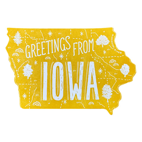 Yellow postcard in the shape of Iowa. White text reads "Greetings from Iowa" 