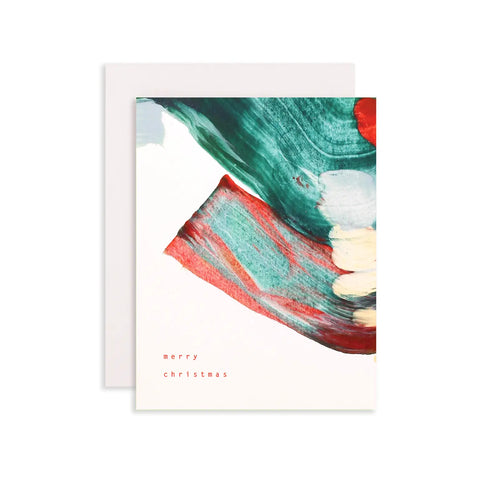 White card with red, green, and cream paint smear pattern 