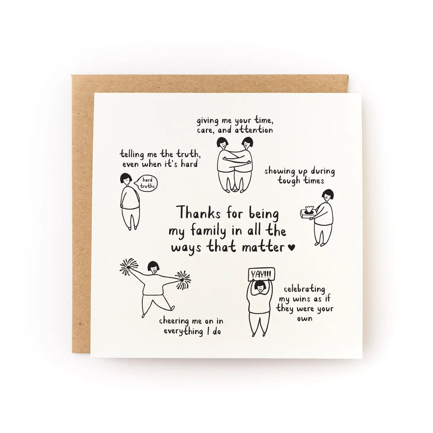 White card with five illustrations of people. Black text reads "thanks for being my family in all the ways that matter. Telling me the truth when it's hard. Giving me your time, care, and attention. Showing up during tough times. Celebrating my wins as if they were your own. Cheering me on in everything I do"